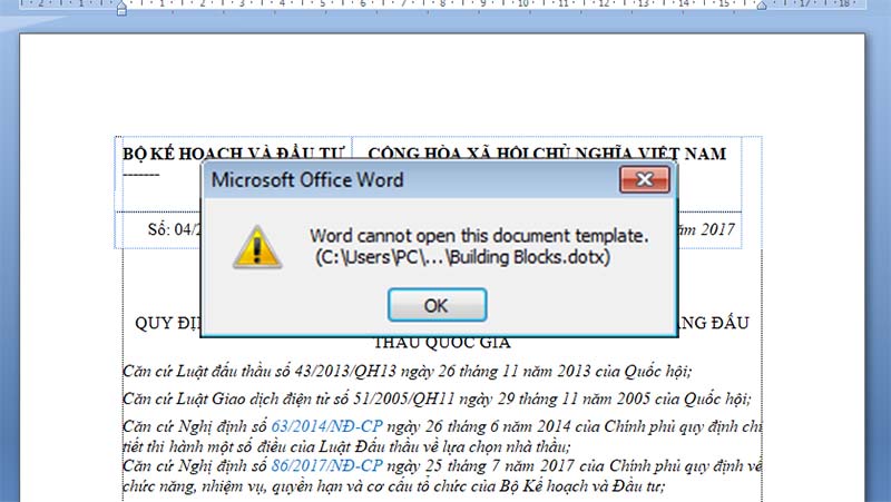 Lỗi đánh số trang Word cannot open this document template